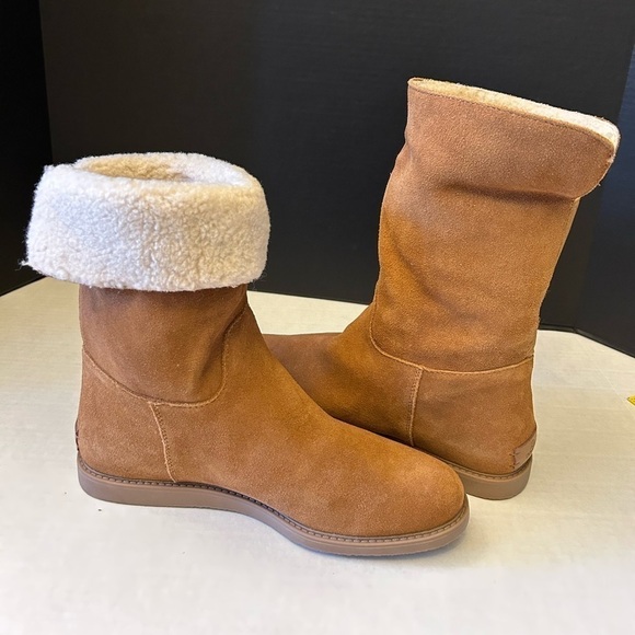 G.H. Bass Aria fold down ankle tan boots suede/leather & sherpa trim Sz-10M. L - Picture 1 of 14